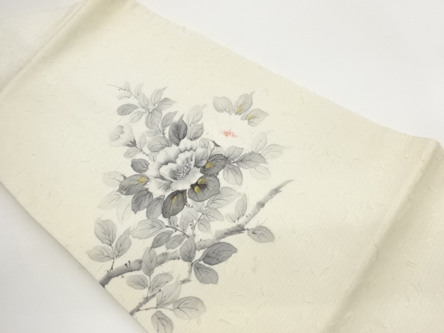 Artist's work: Nagoya obi with peony pattern in gold and hand-painted SILK ponge